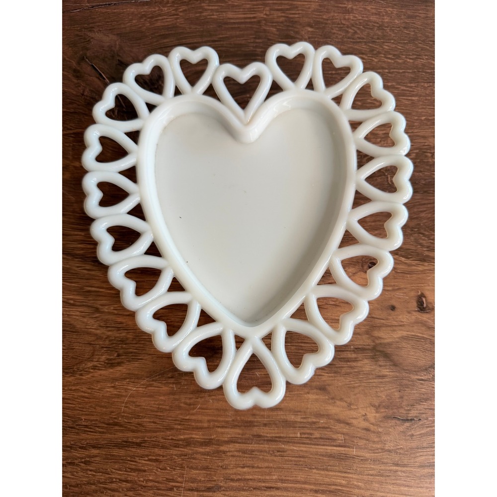 Vintage Westmoreland Milk Glass Heart Lace Plate White Openwork Trinket Dish